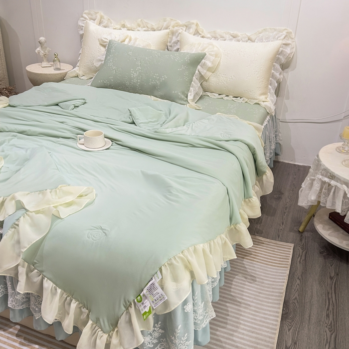 91家纺网 家纺一手货源 找家纺 菊上家纺 2026新款PE凉感床裙款凉席夏被夏凉被空调被四件套-清雅之梦 清雅之梦-抹茶绿
