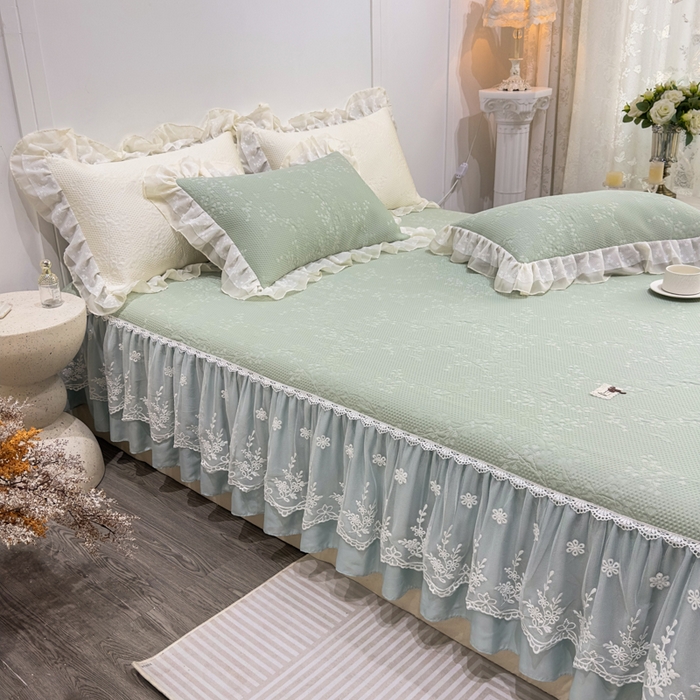 91家纺网 家纺一手货源 找家纺 菊上家纺 2026新款PE凉感床裙款凉席夏被夏凉被空调被四件套-清雅之梦 清雅之梦-抹茶绿