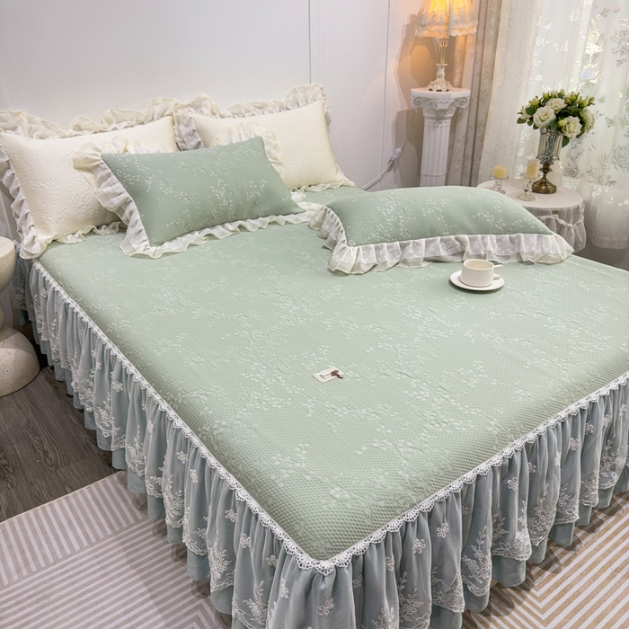 91家纺网 家纺一手货源 找家纺 菊上家纺 2026新款PE凉感床裙款凉席夏被夏凉被空调被四件套-清雅之梦 清雅之梦-抹茶绿