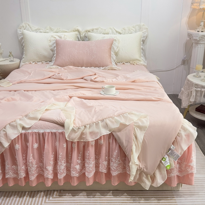 91家纺网 家纺一手货源 找家纺 菊上家纺 2026新款PE凉感床裙款凉席夏被夏凉被空调被四件套-清雅之梦 清雅之梦-樱花粉