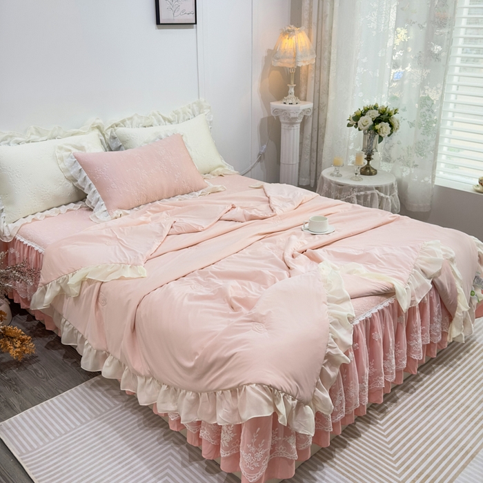 菊上家纺 2026新款PE凉感床裙款凉席夏被夏凉被空调被四件套-清雅之梦 清雅之梦-樱花粉