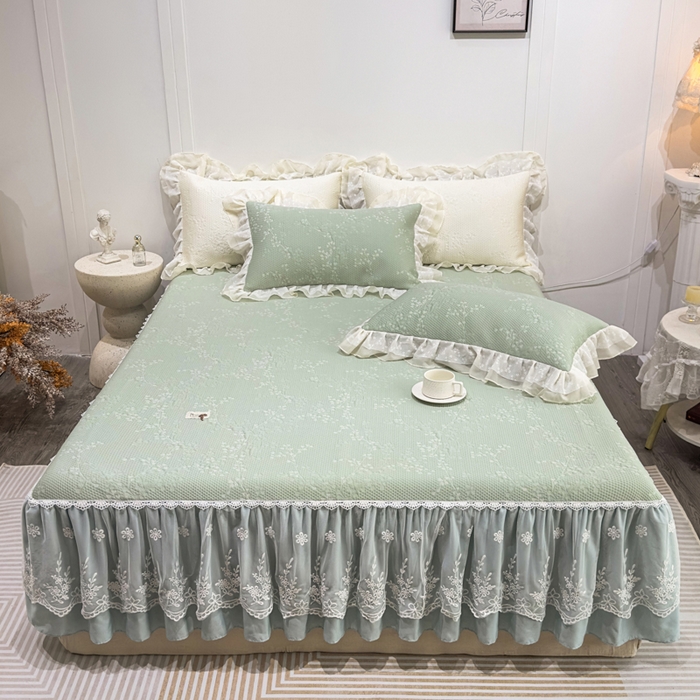 91家纺网 家纺一手货源 找家纺 菊上家纺 2026新款PE凉感床裙款凉席夏被夏凉被空调被四件套-清雅之梦 清雅之梦-抹茶绿