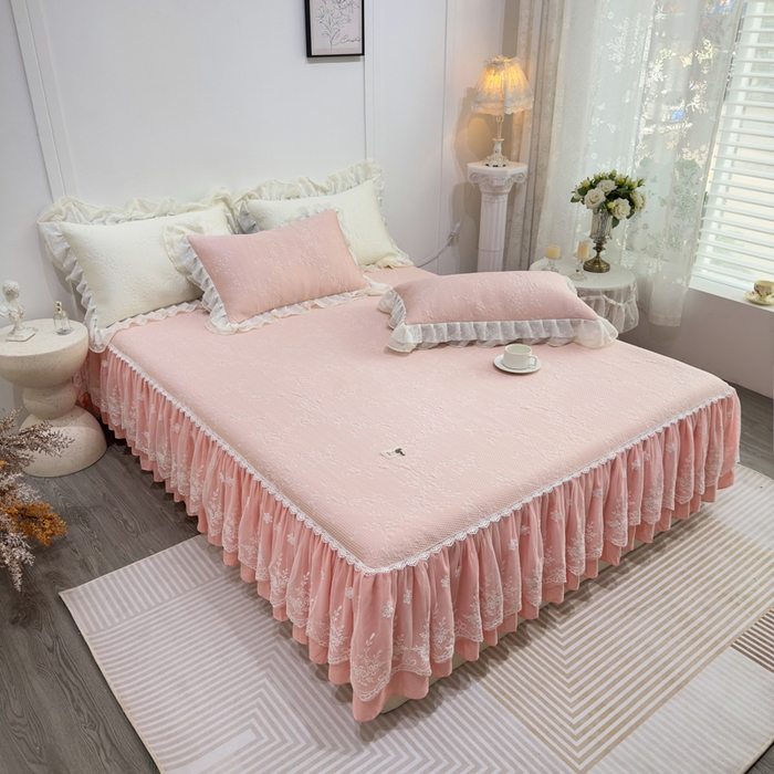 91家纺网 家纺一手货源 找家纺 菊上家纺 2026新款PE凉感床裙款凉席夏被夏凉被空调被四件套-清雅之梦 清雅之梦-樱花粉