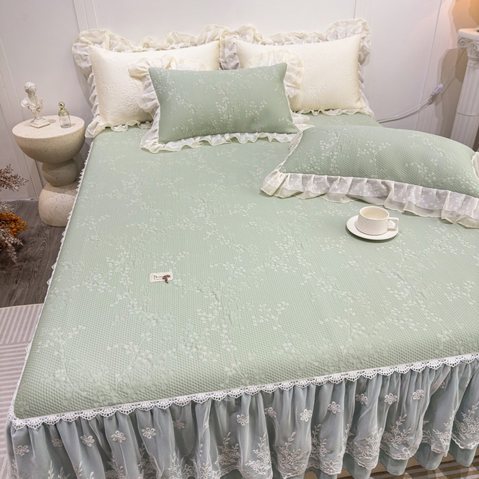 91家纺网 家纺一手货源 找家纺 菊上家纺 2026新款PE凉感床裙款凉席夏被夏凉被空调被四件套-清雅之梦 清雅之梦-抹茶绿