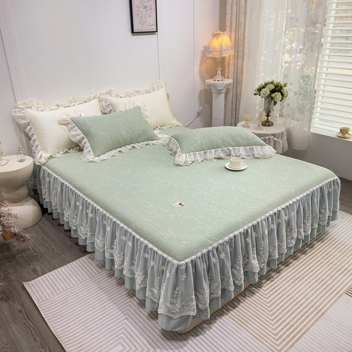 91家纺网 家纺一手货源 找家纺 菊上家纺 2026新款PE凉感床裙款凉席夏被夏凉被空调被四件套-清雅之梦 清雅之梦-抹茶绿