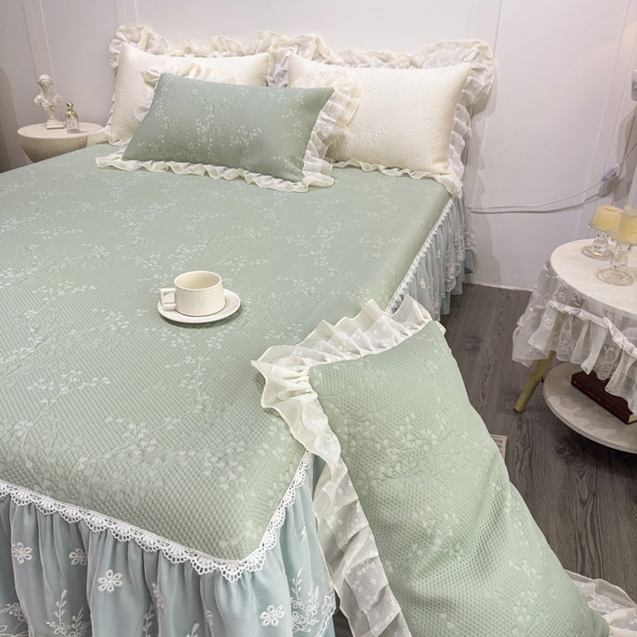 91家纺网 家纺一手货源 找家纺 菊上家纺 2026新款PE凉感床裙款凉席夏被夏凉被空调被四件套-清雅之梦 清雅之梦-抹茶绿