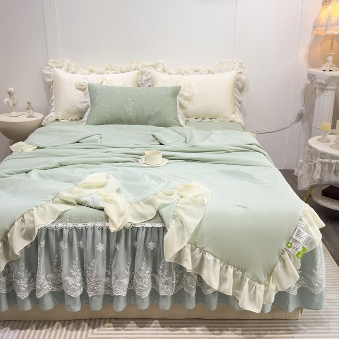 91家纺网 家纺一手货源 找家纺 菊上家纺 2026新款PE凉感床裙款凉席夏被夏凉被空调被四件套-清雅之梦 清雅之梦-抹茶绿