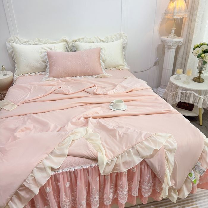 91家纺网 家纺一手货源 找家纺 菊上家纺 2026新款PE凉感床裙款凉席夏被夏凉被空调被四件套-清雅之梦 清雅之梦-樱花粉