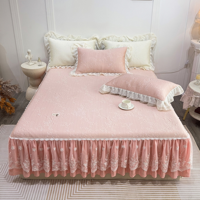 91家纺网 家纺一手货源 找家纺 菊上家纺 2026新款PE凉感床裙款凉席夏被夏凉被空调被四件套-清雅之梦 清雅之梦-樱花粉