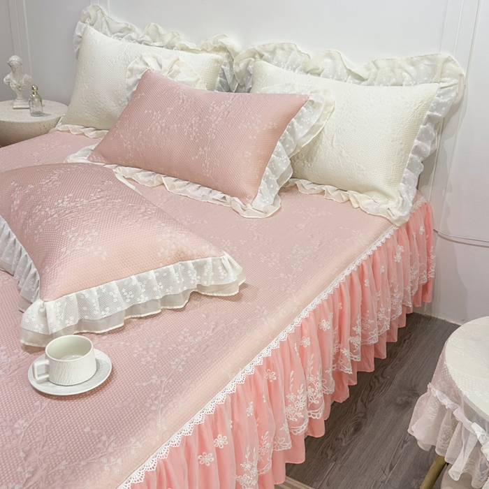 91家纺网 家纺一手货源 找家纺 菊上家纺 2026新款PE凉感床裙款凉席夏被夏凉被空调被四件套-清雅之梦 清雅之梦-樱花粉