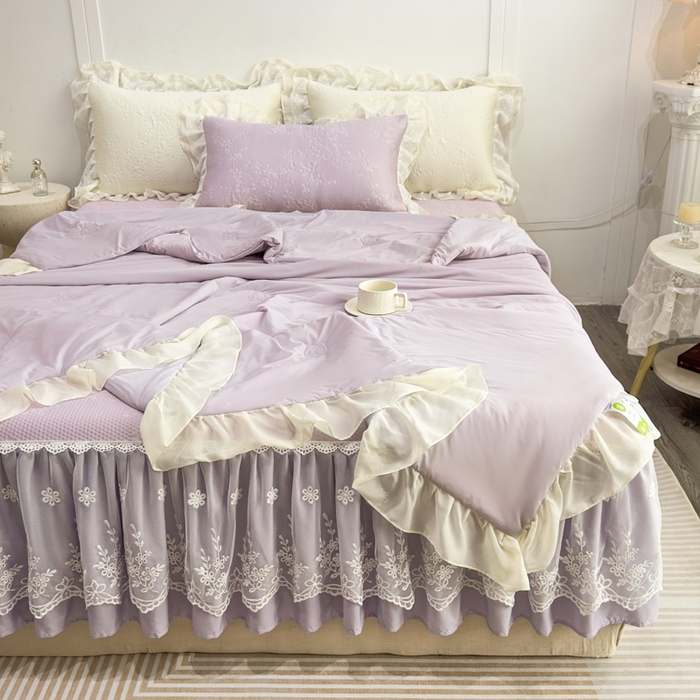 91家纺网 家纺一手货源 找家纺 菊上家纺 2026新款PE凉感床裙款凉席夏被夏凉被空调被四件套-清雅之梦 清雅之梦-香芋紫