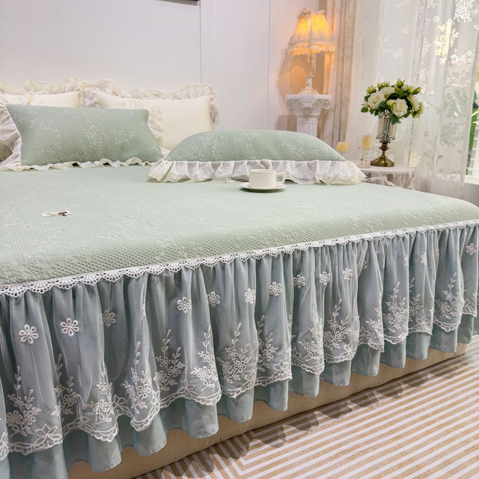 91家纺网 家纺一手货源 找家纺 菊上家纺 2026新款PE凉感床裙款凉席夏被夏凉被空调被四件套-清雅之梦 清雅之梦-抹茶绿