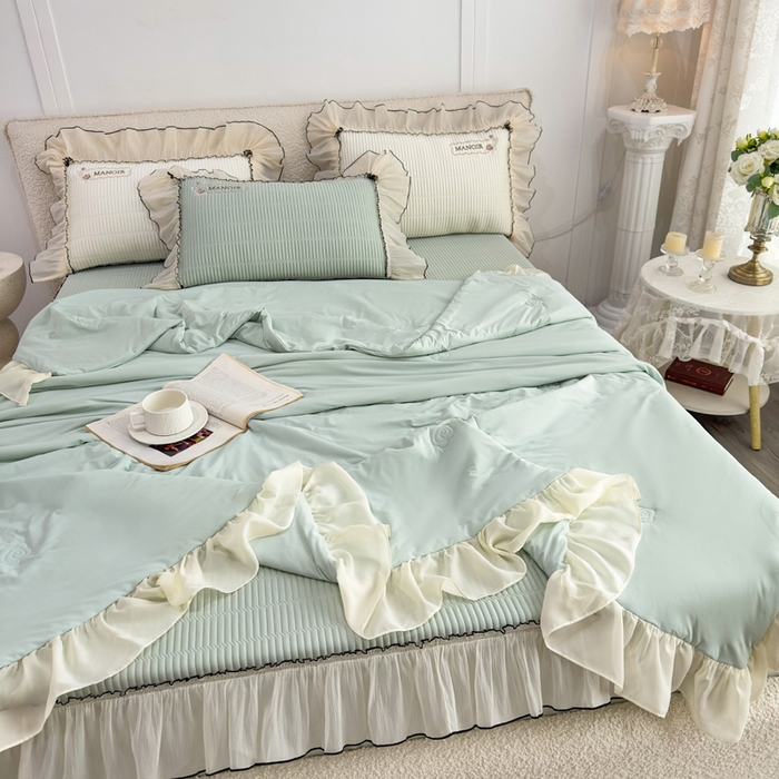 91家纺网 家纺一手货源 找家纺 菊上家纺 2026新款法式风PE床笠款凉席夏被夏凉被空调被四件套-法颂 法颂-抹茶绿