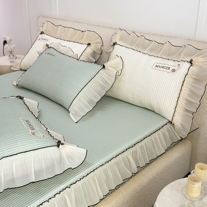 91家纺网 家纺一手货源 找家纺 菊上家纺 2026新款法式风PE床笠款凉席夏被夏凉被空调被四件套-法颂 法颂-抹茶绿