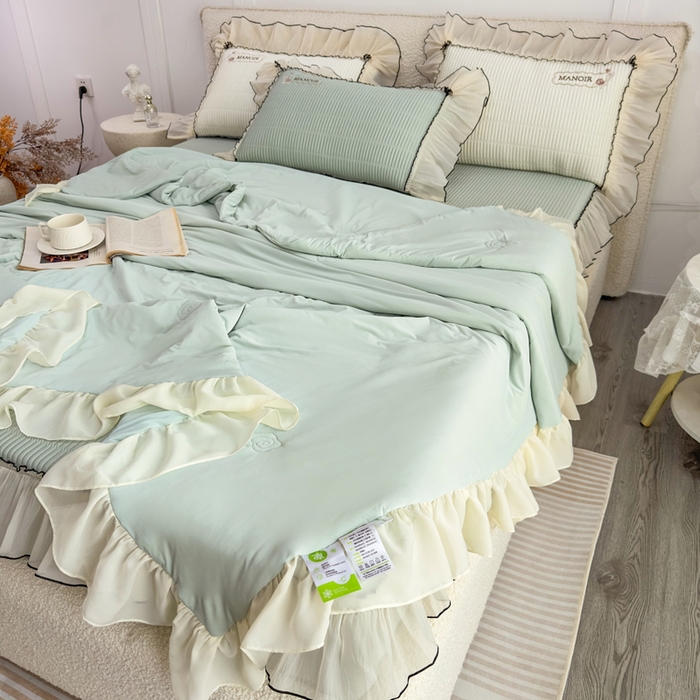 91家纺网 家纺一手货源 找家纺 菊上家纺 2026新款法式风PE床笠款凉席夏被夏凉被空调被四件套-法颂 法颂-抹茶绿
