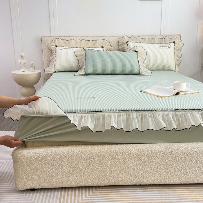 91家纺网 家纺一手货源 找家纺 菊上家纺 2026新款法式风PE床笠款凉席夏被夏凉被空调被四件套-法颂 法颂-抹茶绿