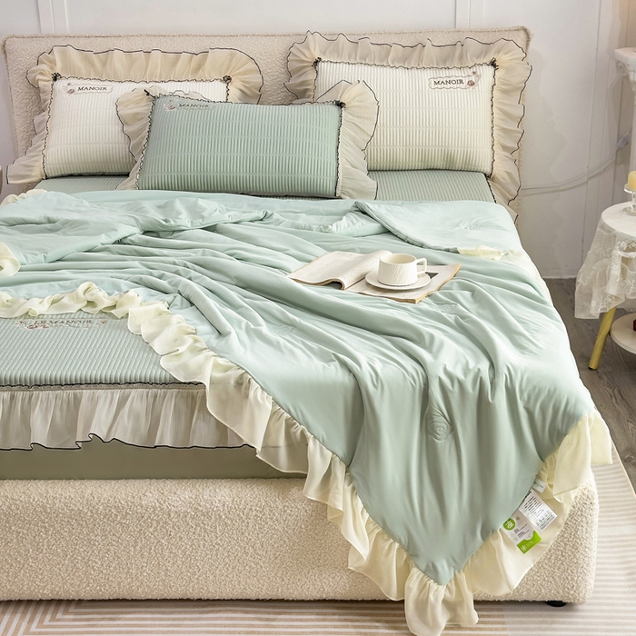 菊上家纺 2026新款法式风PE床笠款凉席夏被夏凉被空调被四件套-法颂 法颂-抹茶绿
