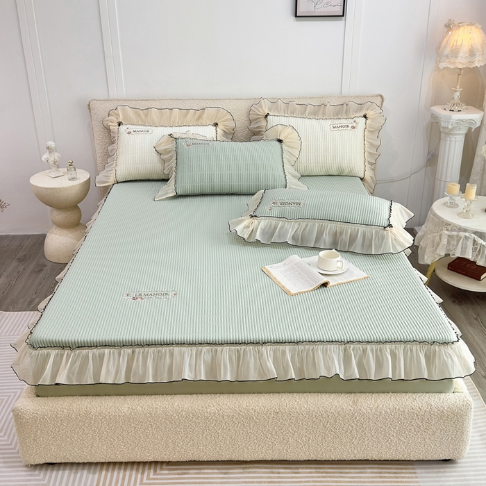 91家纺网 家纺一手货源 找家纺 菊上家纺 2026新款法式风PE床笠款凉席夏被夏凉被空调被四件套-法颂 法颂-抹茶绿