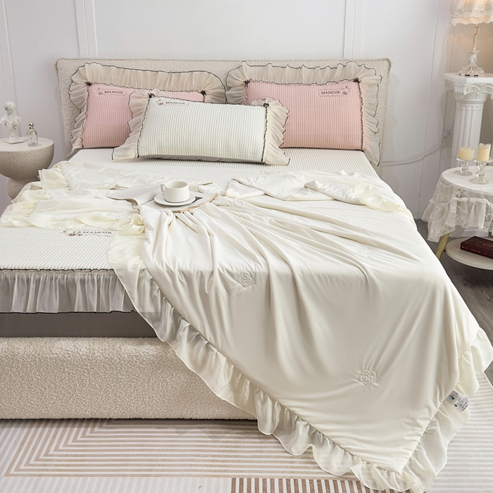 菊上家纺 2026新款法式风PE床笠款凉席夏被夏凉被空调被四件套-法颂 法颂-珍珠白