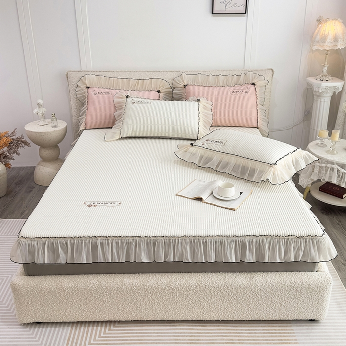 91家纺网 家纺一手货源 找家纺 菊上家纺 2026新款法式风PE床笠款凉席夏被夏凉被空调被四件套-法颂 法颂-珍珠白