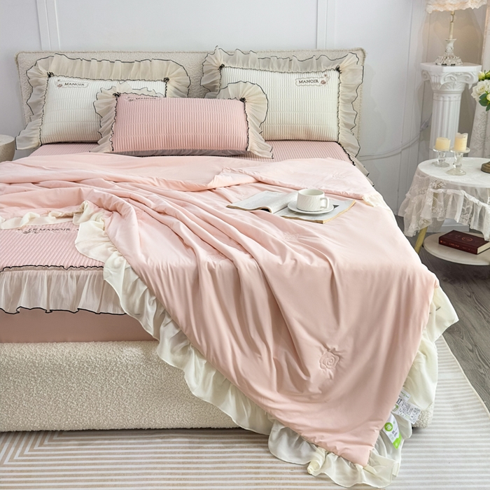 菊上家纺 2026新款法式风PE床笠款凉席夏被夏凉被空调被四件套-法颂 法颂-樱花粉