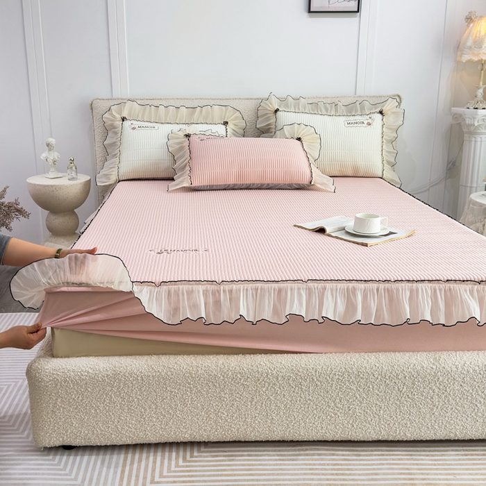 91家纺网 家纺一手货源 找家纺 菊上家纺 2026新款法式风PE床笠款凉席夏被夏凉被空调被四件套-法颂 法颂-樱花粉