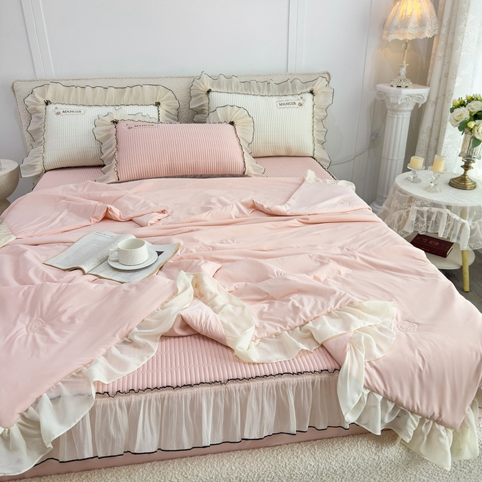 91家纺网 家纺一手货源 找家纺 菊上家纺 2026新款法式风PE床笠款凉席夏被夏凉被空调被四件套-法颂 法颂-樱花粉