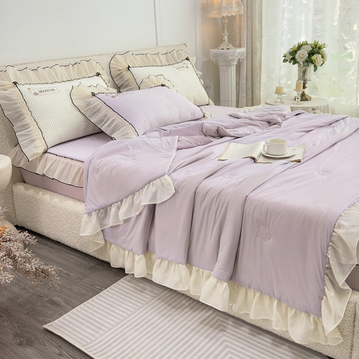 91家纺网 家纺一手货源 找家纺 菊上家纺 2026新款法式风PE床笠款凉席夏被夏凉被空调被四件套-法颂 法颂-香芋紫