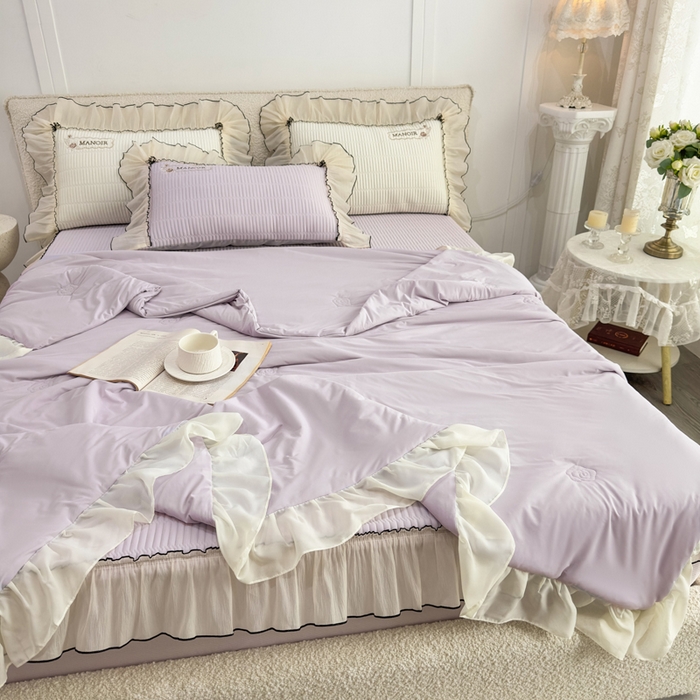 91家纺网 家纺一手货源 找家纺 菊上家纺 2026新款法式风PE床笠款凉席夏被夏凉被空调被四件套-法颂 法颂-香芋紫