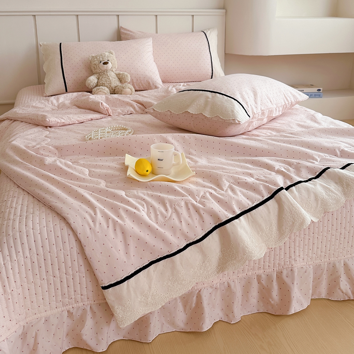 91家纺网 家纺一手货源 找家纺 元熙 2026新款古法水洗棉韩风波点床盖夏被四件套 绿波点