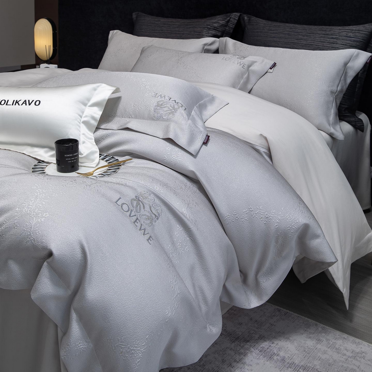 91家纺网 家纺一手货源 找家纺 2026高端新品A类100支长绒棉纯棉四件套100全棉厚织提花轻奢风重工刺绣被套 艾弗里-灰