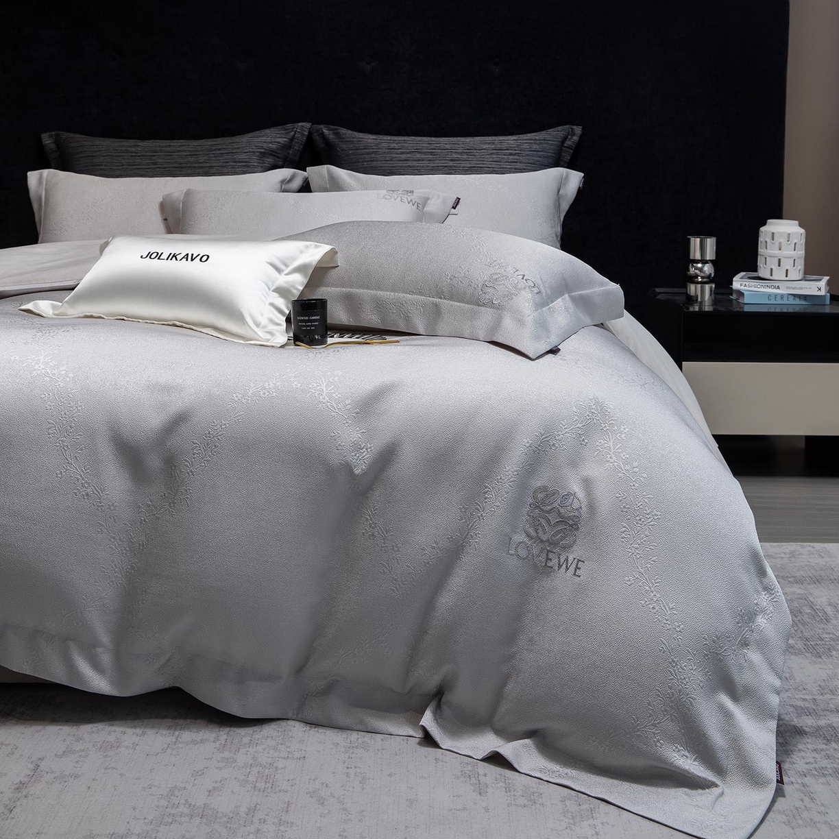 91家纺网 家纺一手货源 找家纺 2026高端新品A类100支长绒棉纯棉四件套100全棉厚织提花轻奢风重工刺绣被套 艾弗里-灰