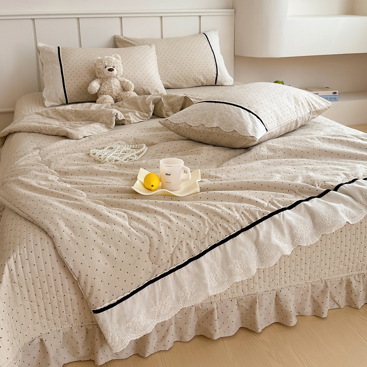 91家纺网 家纺一手货源 找家纺 （总）元熙 2026新款古法水洗棉韩风波点床盖夏被四件套