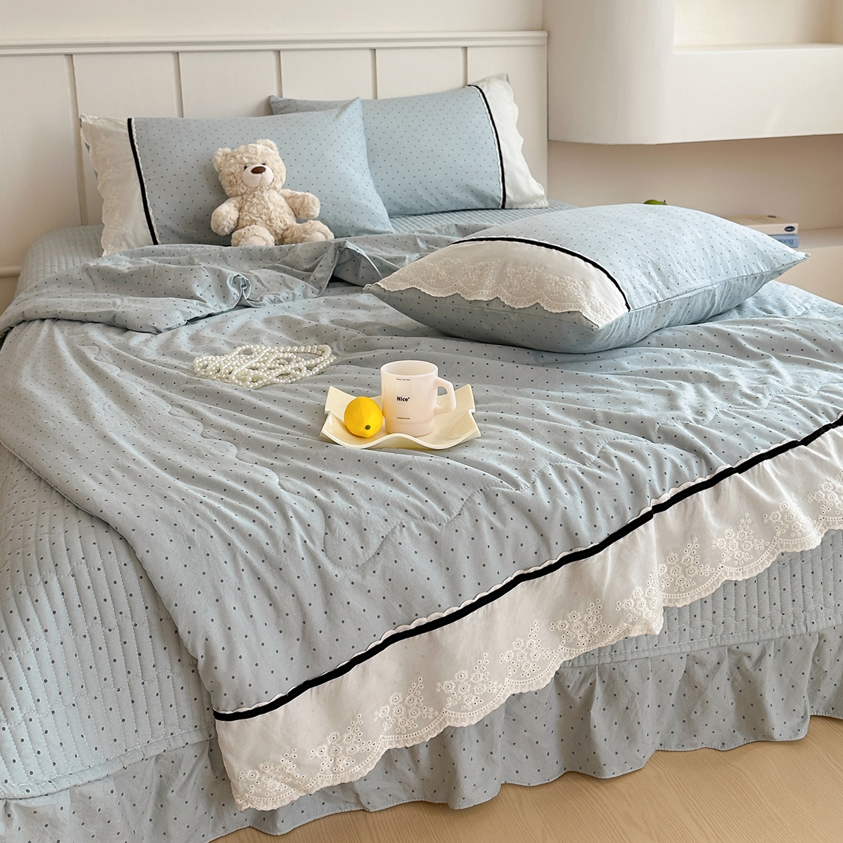 91家纺网 家纺一手货源 找家纺 （总）元熙 2026新款古法水洗棉韩风波点床盖夏被四件套