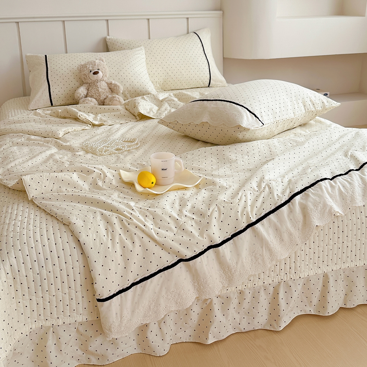 元熙 2026新款古法水洗棉韩风波点床盖夏被四件套 白波点