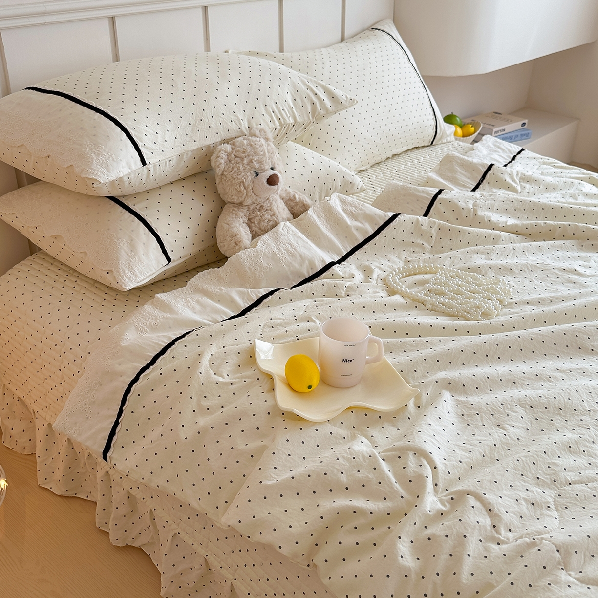 91家纺网 家纺一手货源 找家纺 元熙 2026新款古法水洗棉韩风波点床盖夏被四件套 白波点