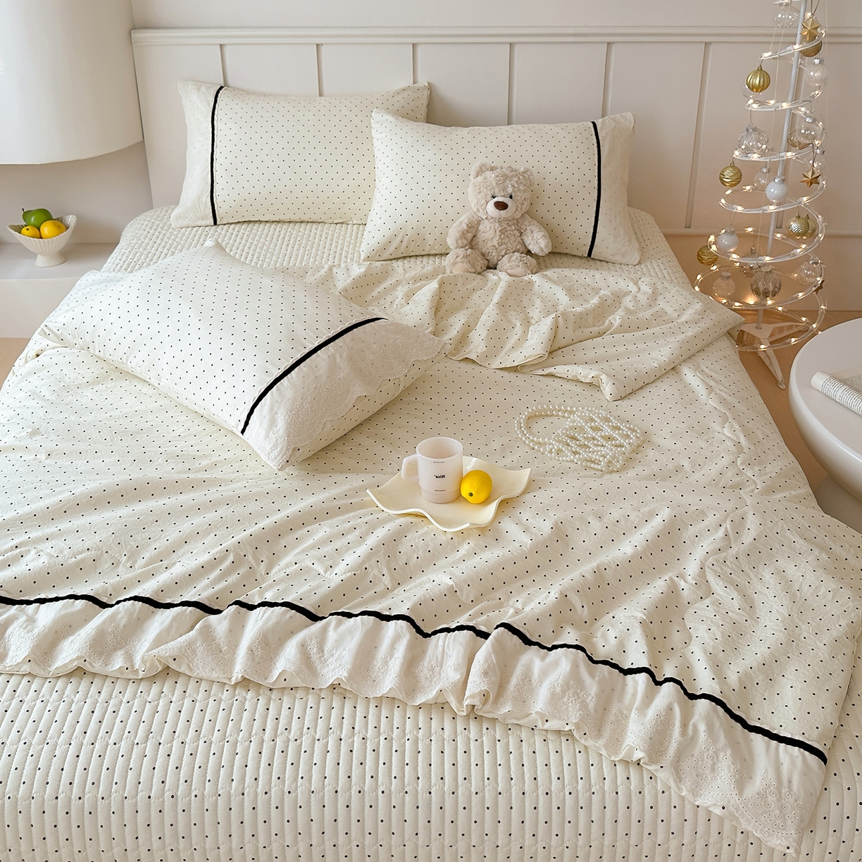 91家纺网 家纺一手货源 找家纺 元熙 2026新款古法水洗棉韩风波点床盖夏被四件套 白波点