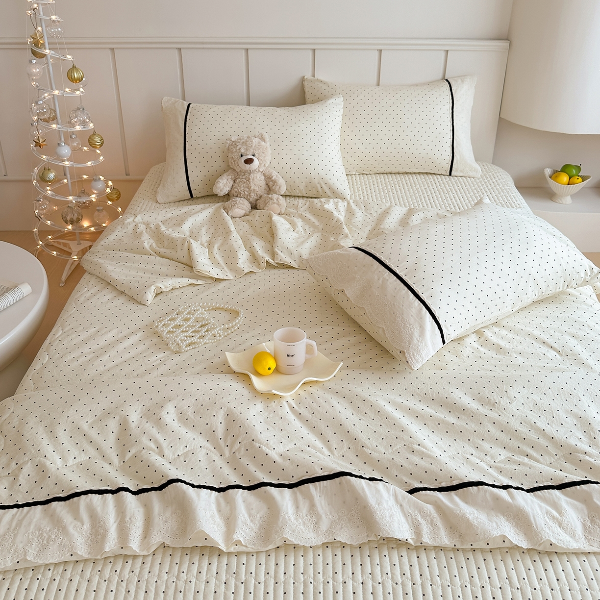 91家纺网 家纺一手货源 找家纺 元熙 2026新款古法水洗棉韩风波点床盖夏被四件套 白波点