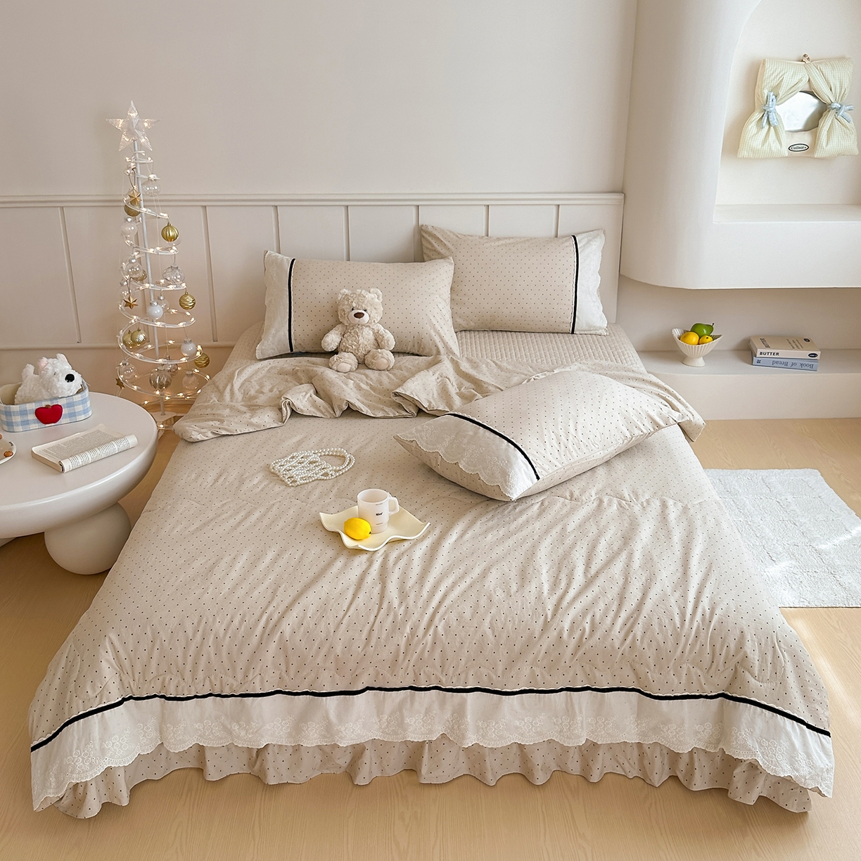 91家纺网 家纺一手货源 找家纺 元熙 2026新款古法水洗棉韩风波点床盖夏被四件套 卡其波点