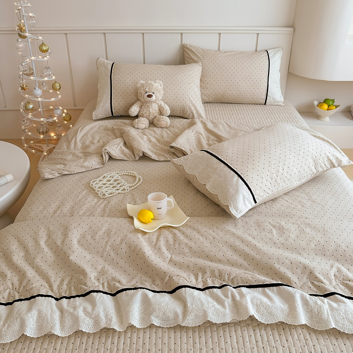 91家纺网 家纺一手货源 找家纺 元熙 2026新款古法水洗棉韩风波点床盖夏被四件套 卡其波点