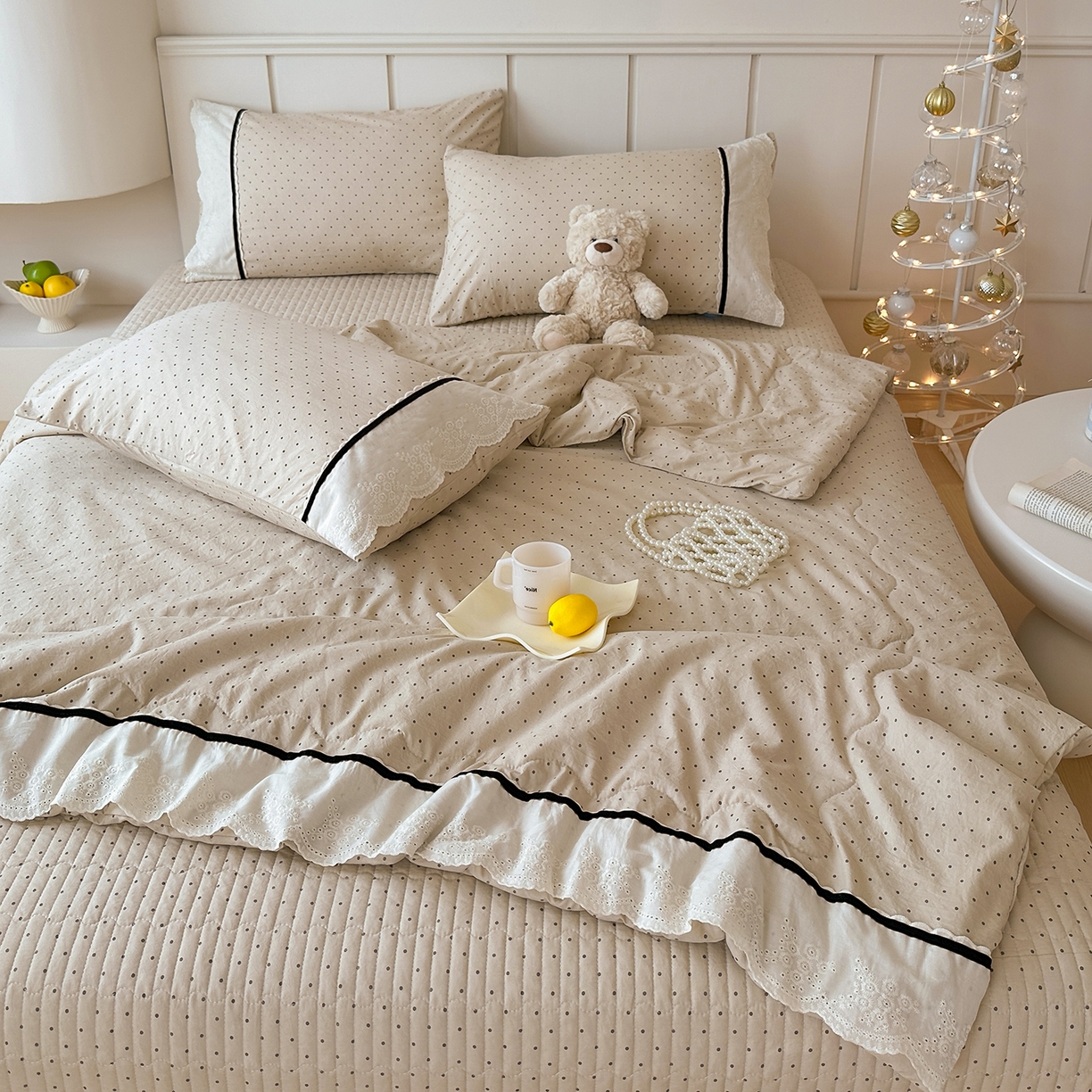 91家纺网 家纺一手货源 找家纺 元熙 2026新款古法水洗棉韩风波点床盖夏被四件套 卡其波点