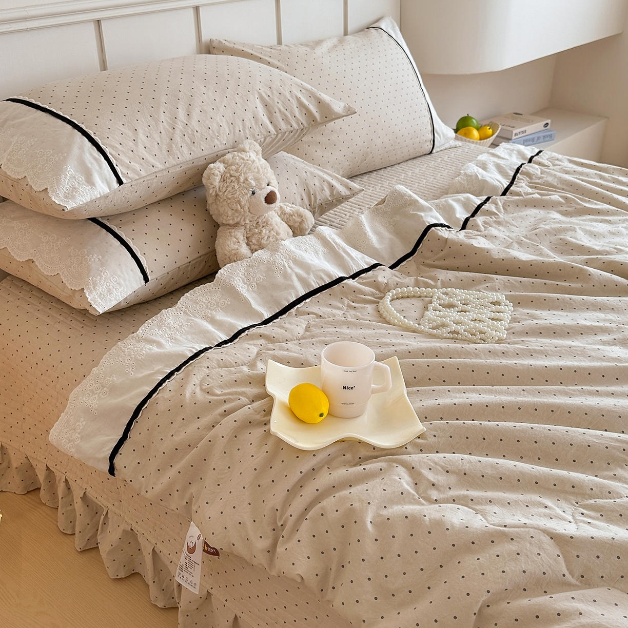 91家纺网 家纺一手货源 找家纺 元熙 2026新款古法水洗棉韩风波点床盖夏被四件套 卡其波点