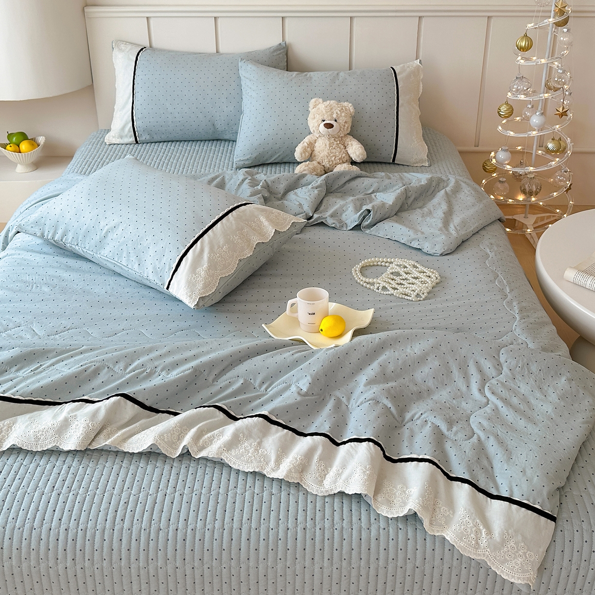 91家纺网 家纺一手货源 找家纺 元熙 2026新款古法水洗棉韩风波点床盖夏被四件套 蓝波点