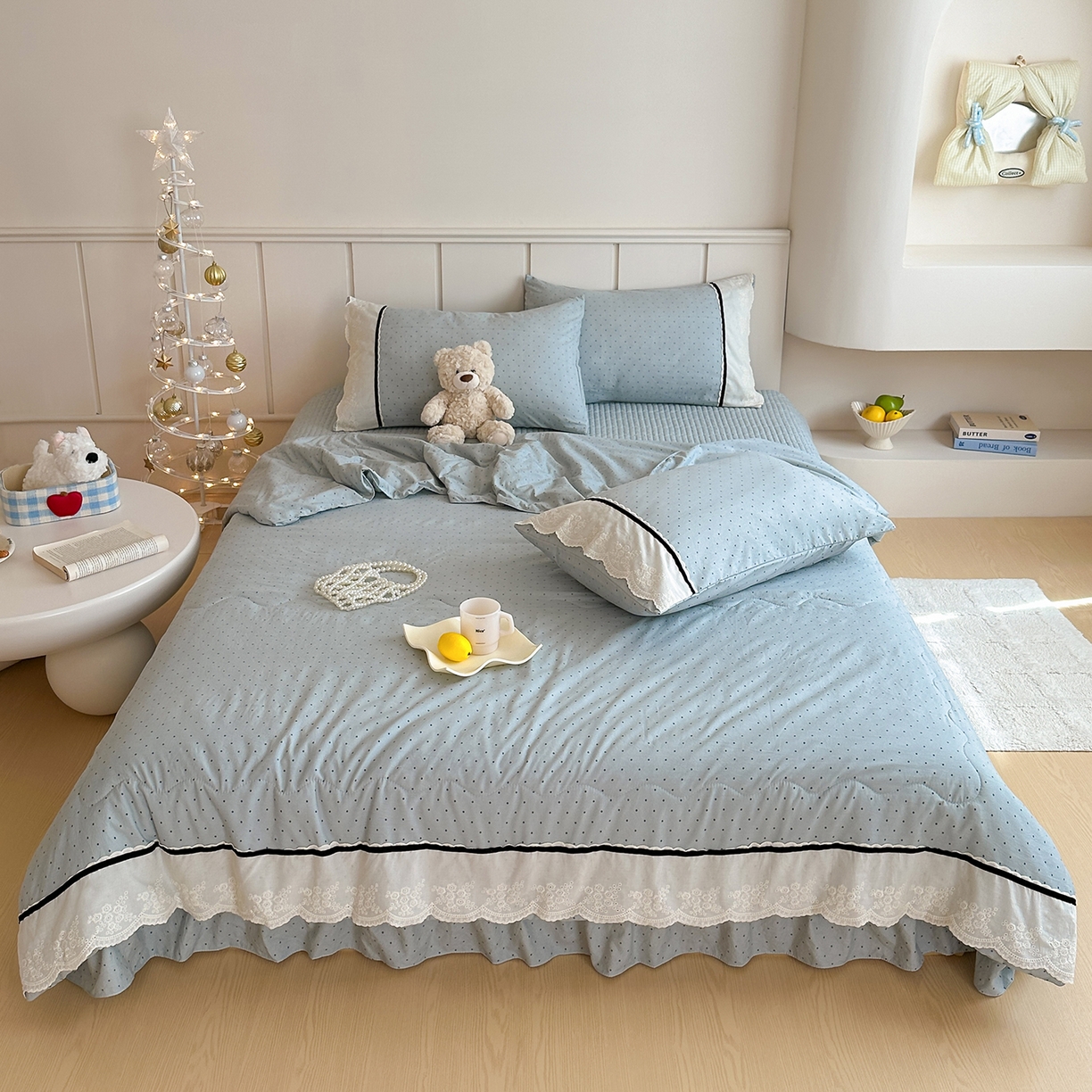 91家纺网 家纺一手货源 找家纺 元熙 2026新款古法水洗棉韩风波点床盖夏被四件套 蓝波点