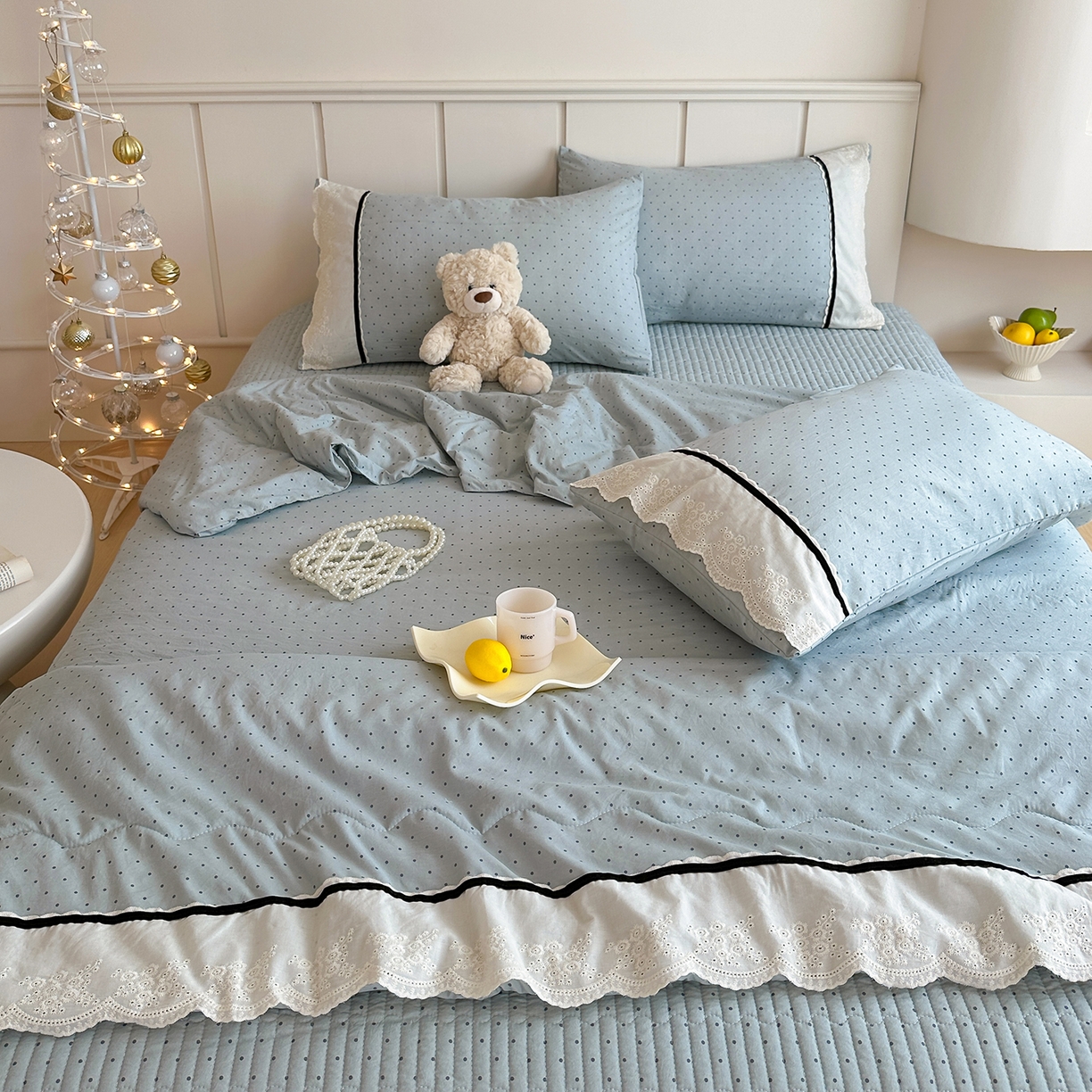 91家纺网 家纺一手货源 找家纺 元熙 2026新款古法水洗棉韩风波点床盖夏被四件套 蓝波点