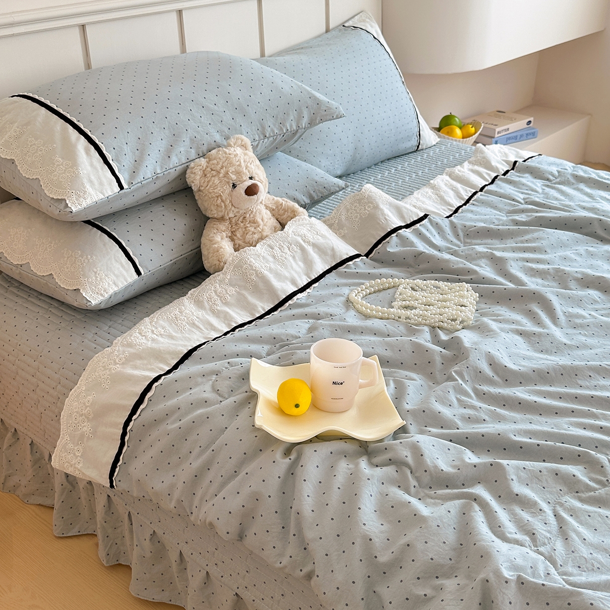 91家纺网 家纺一手货源 找家纺 元熙 2026新款古法水洗棉韩风波点床盖夏被四件套 蓝波点