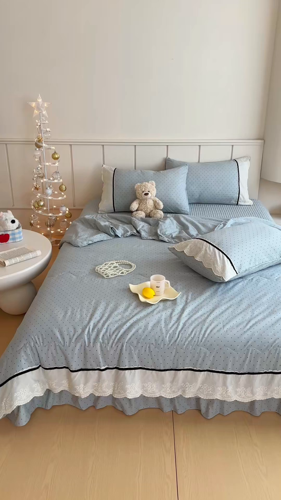 91家纺网 家纺一手货源 找家纺 元熙 2026新款古法水洗棉韩风波点床盖夏被四件套 蓝波点