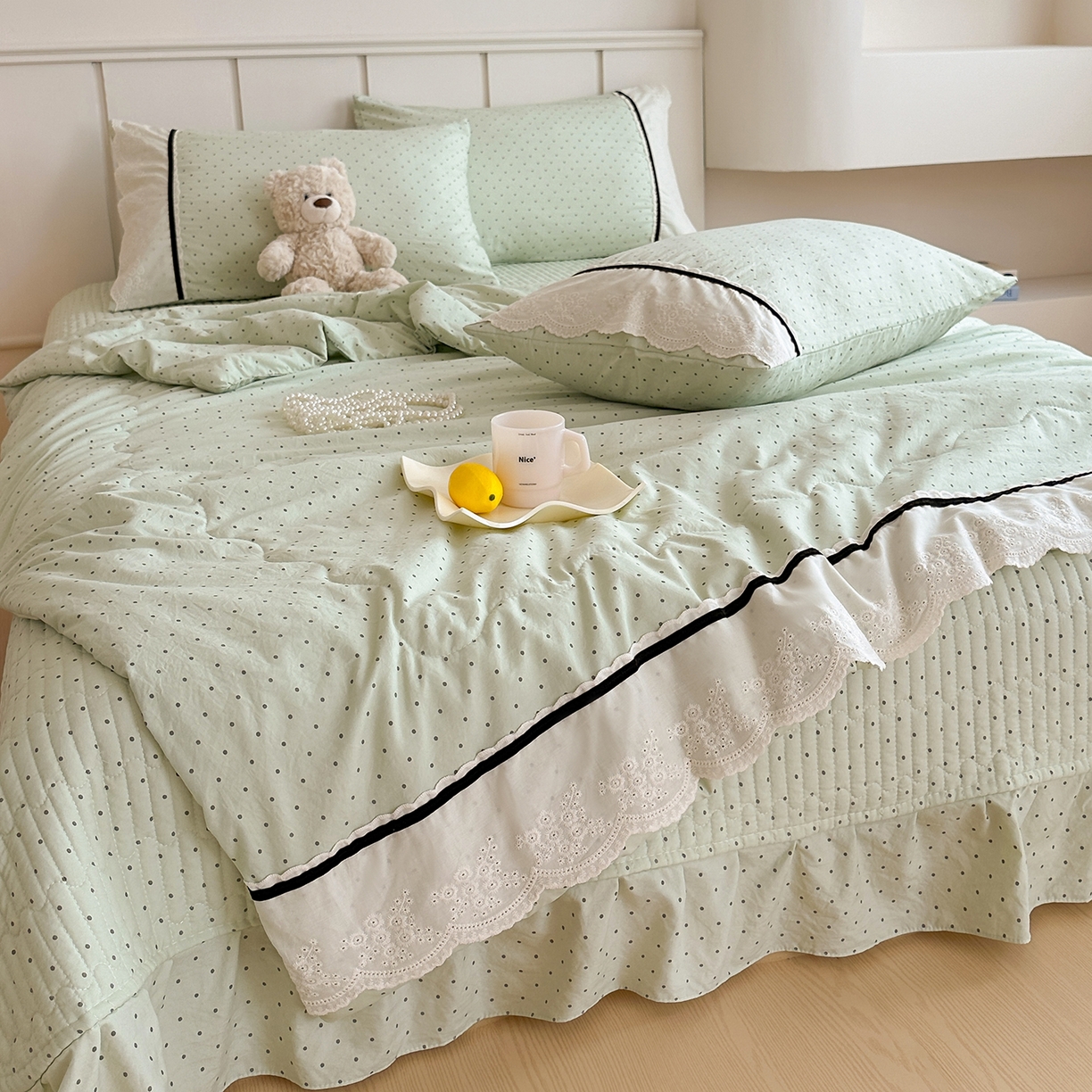 91家纺网 家纺一手货源 找家纺 元熙 2026新款古法水洗棉韩风波点床盖夏被四件套 绿波点