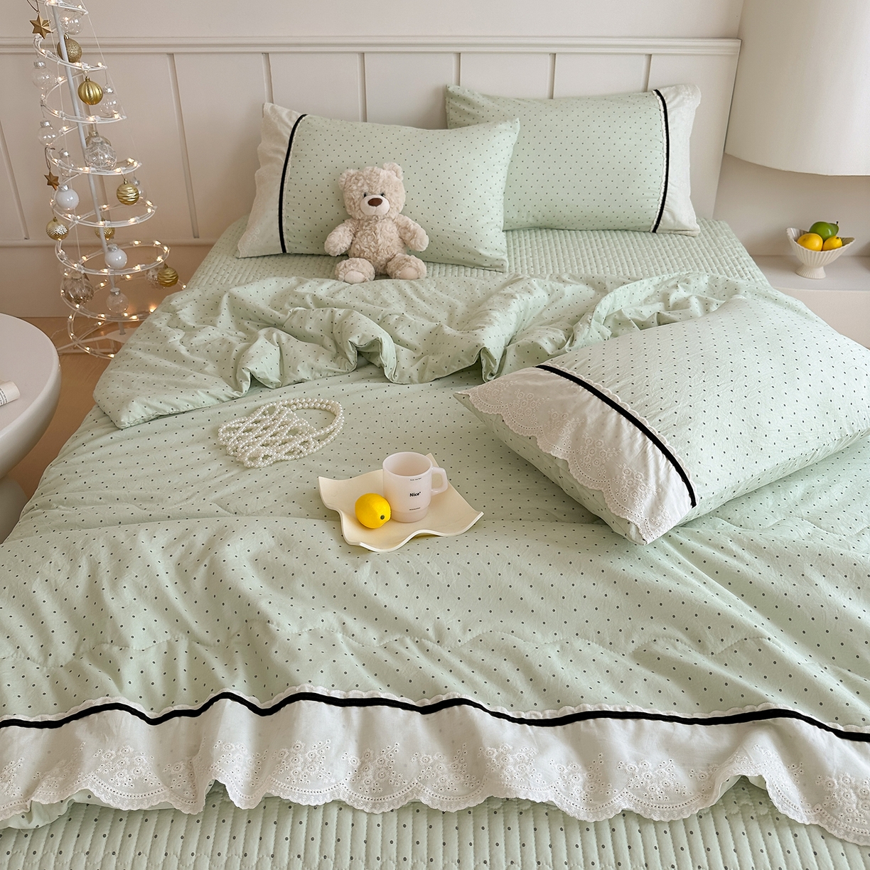 91家纺网 家纺一手货源 找家纺 元熙 2026新款古法水洗棉韩风波点床盖夏被四件套 绿波点