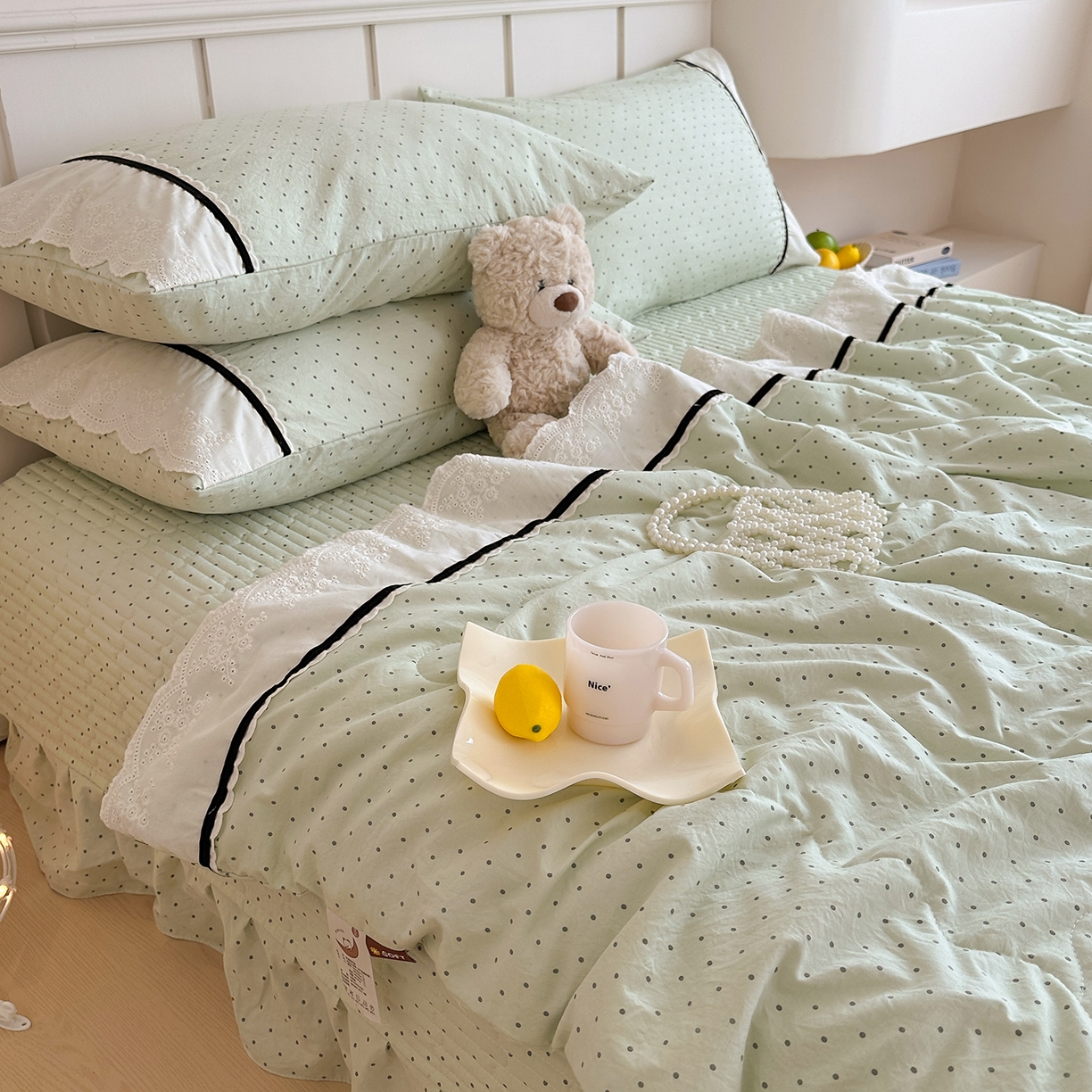 91家纺网 家纺一手货源 找家纺 元熙 2026新款古法水洗棉韩风波点床盖夏被四件套 绿波点